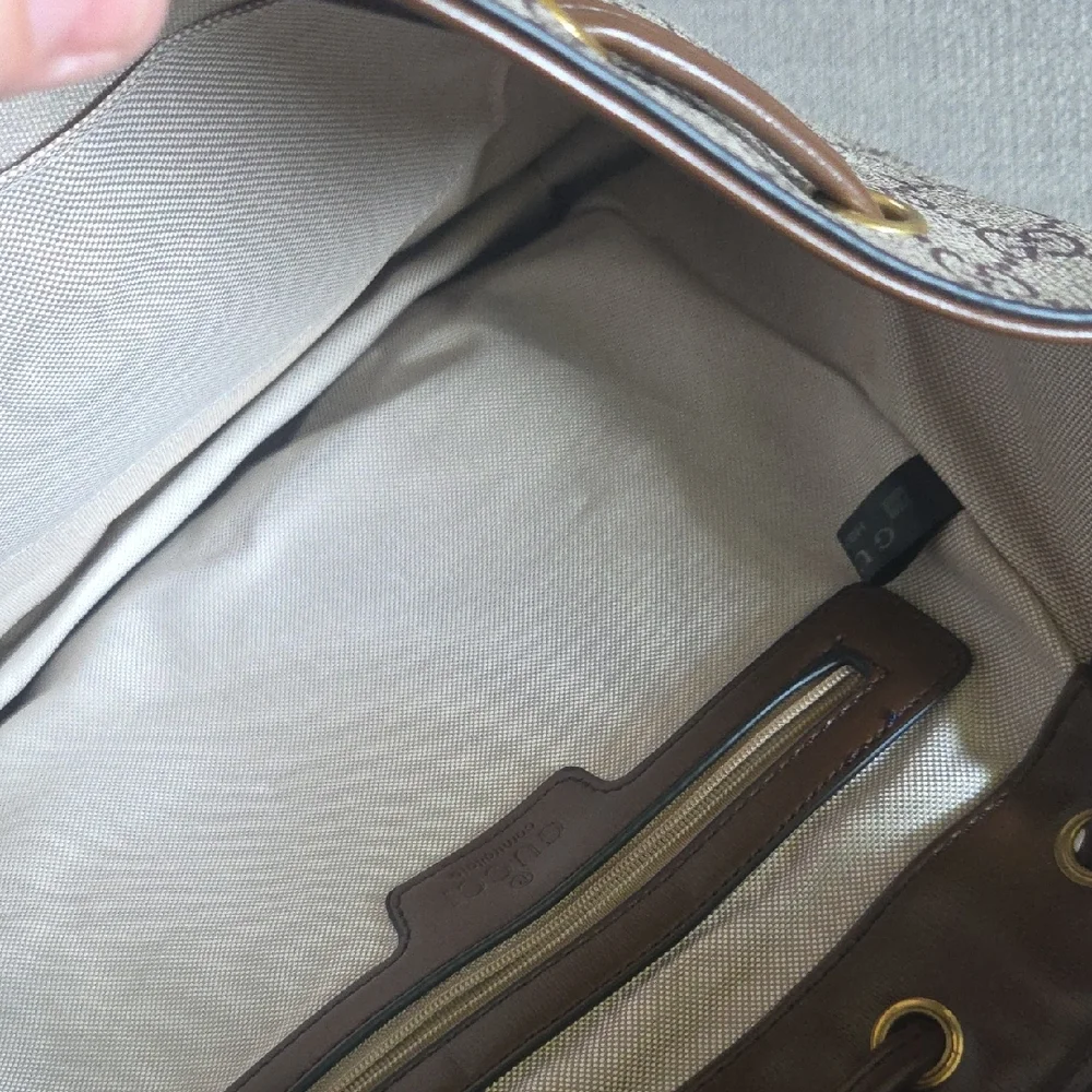 Cream and Brown Backpack with Signature Monogram13lx10d - Picture 5 of 8
